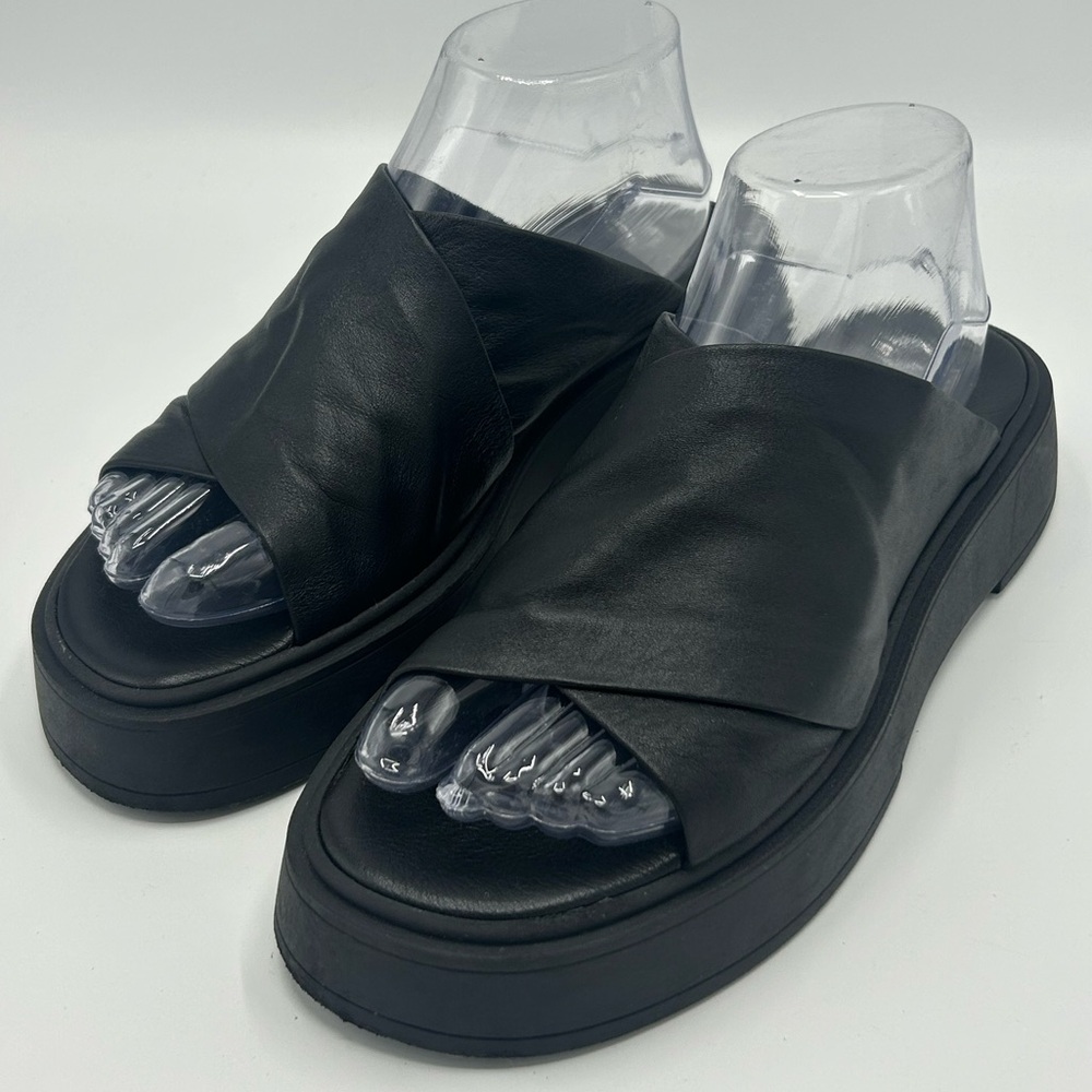Miaou Black Leather Crisscross Platform Slide Sandals
